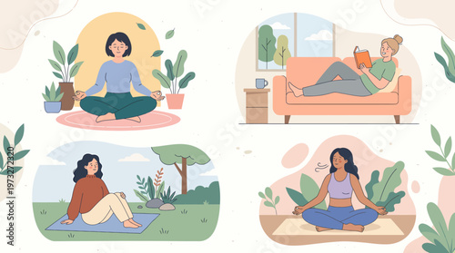 Diverse Relaxation and Mindfulness Practices Meditating Reading and Enjoying Nature.