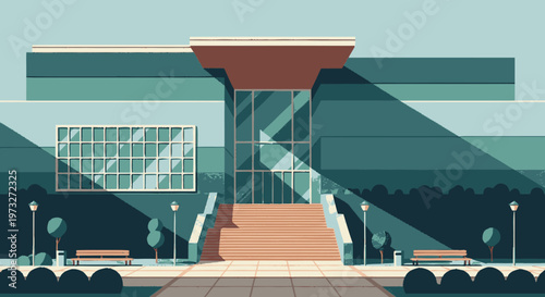 Modern building with large staircase.