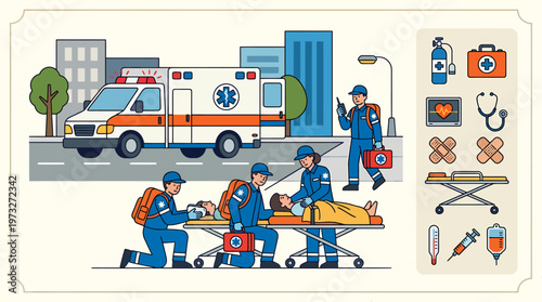 Emergency Medical Services Team Treating Patient Near Ambulance.