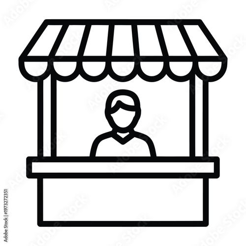 Outline icon of a vendor person behind a market stall or kiosk for retail and business sales with customer service with street vendor
