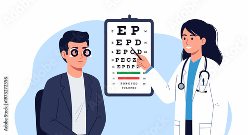 Eye exam illustration Doctor checking patients vision with eye chart.