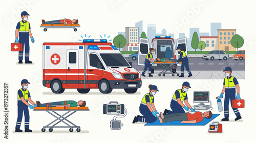 Emergency Medical Services Illustration Paramedics Providing Care and Transport.