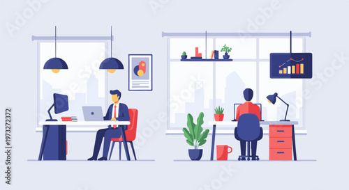 Two businessmen working diligently in modern office spaces.