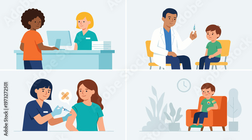Illustrations of children receiving vaccinations in a medical setting.