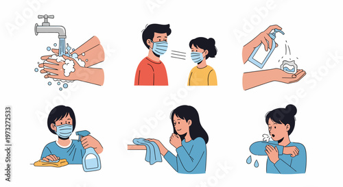Illustrations of Hygiene Practices for Health and Safety.