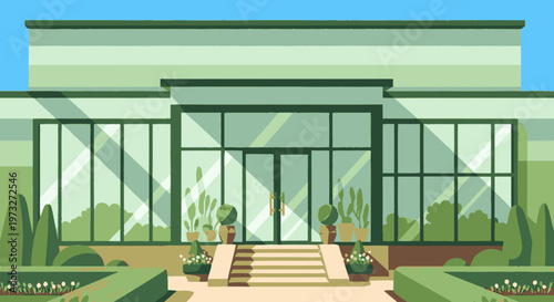 Modern house with large glass windows.