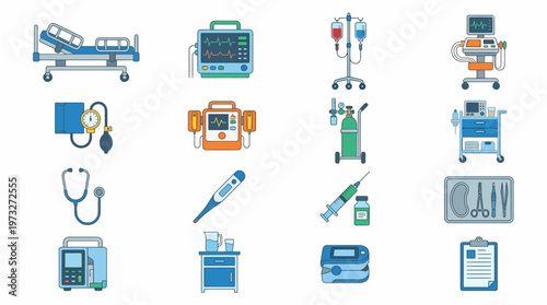Medical Equipment Icons Essential Healthcare Tools and Devices.