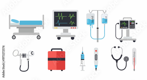 Medical Equipment Set Hospital Bed Monitor IV Drip Defibrillator and More.