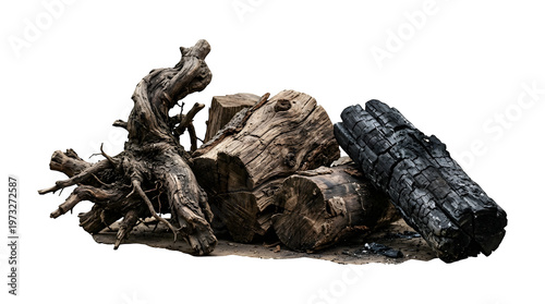 A pile of charred and burnt wood logs against a dark background