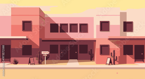 Modern pink buildings with brown doors.