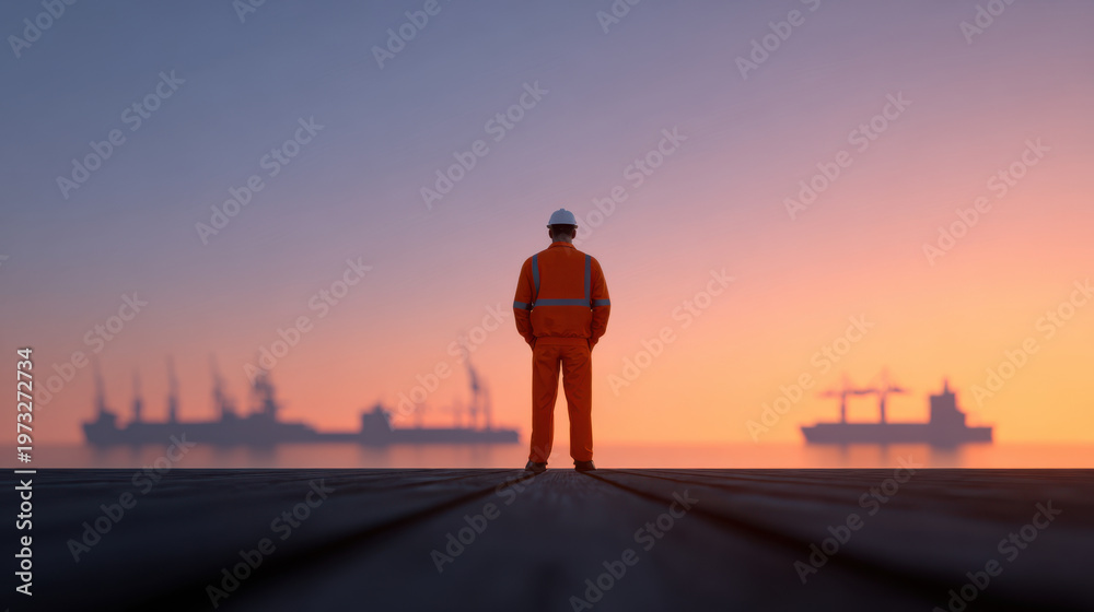 Fototapeta premium Global market oil price concept, Worker dock silhouette sunset cargo ship harbor industrial safety vest helmet maritime shipping port ocean sea crane container