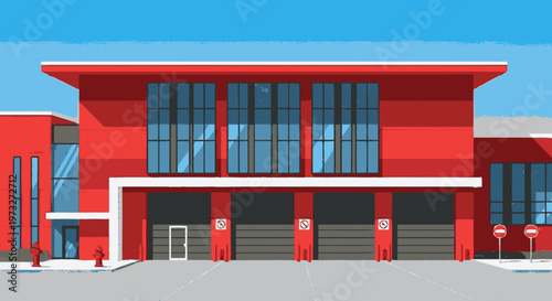 Modern Red Fire Station Building Exterior.