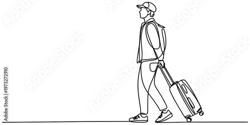 A single continuous line drawing of a person walking with luggage while wearing a baseball cap