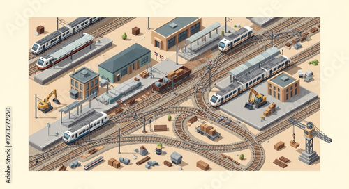 Isometric commuter and freight trains on railway tracks.