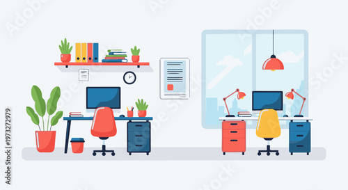 Modern Office Workspaces with Desks and Computers.