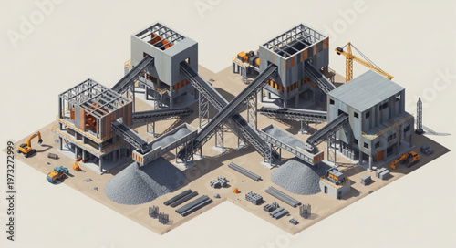 Isometric Concrete Plant Cement Production Facility Model.