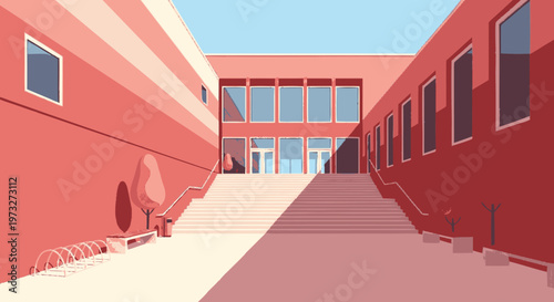 Red Building Corridor with Windows.