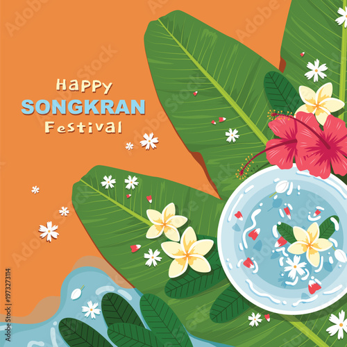Thailand songkran festival. Flower petals inside water in bowl hibiscus flower frangipani flower and Jasmine on background banana leaf. vector and illustrations