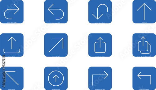 Set of 12 blue navigation arrow icons for interface design.