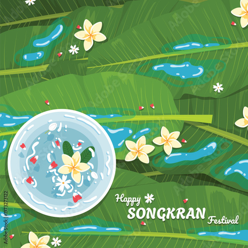 Songkran festival. Flower petals inside water in bowl frangipani flower and Jasmine on background banana leaf. vector and illustrations