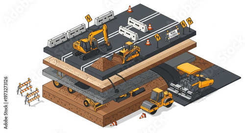 Isometric Construction Site Heavy Equipment and Vehicles.