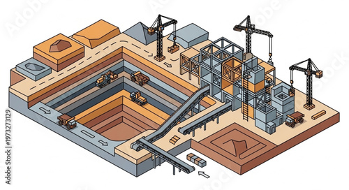Isometric construction site excavation with cranes and machinery.