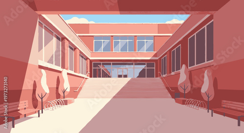 Red Building Interior Corridor Hallway.