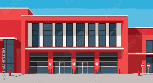 Red Fire Station Building Exterior.
