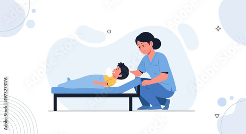 Nurse Cares for Child Patient in Hospital Bed with Oxygen Mask