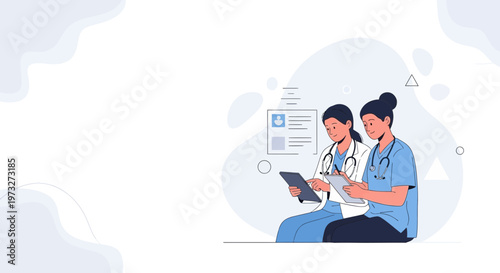 Two female doctors reviewing medical data on tablet and clipboard in a modern clinic