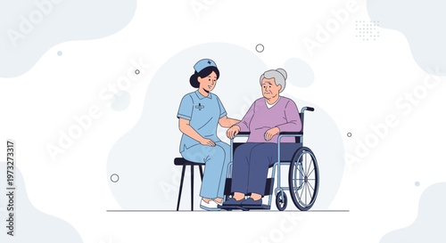 Nurse assisting elderly woman in wheelchair, healthcare, caregiving, medical support