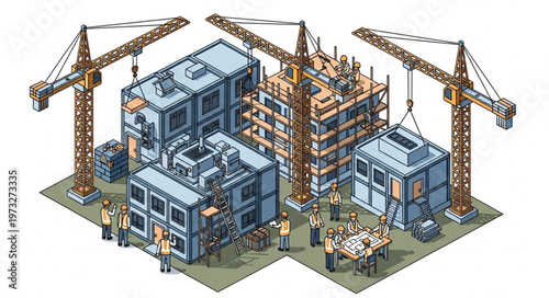 Isometric Construction Site With Cranes And Buildings.