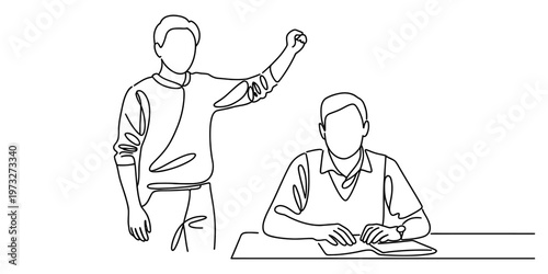 A single line drawing of a man standing and cheering while another man is sitting at a desk