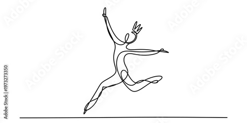 Foto Minimalist continuous line drawing of a person wearing a crown in a dynamic leap