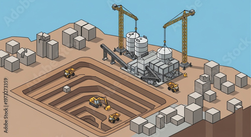 Isometric construction site with cranes and excavators.