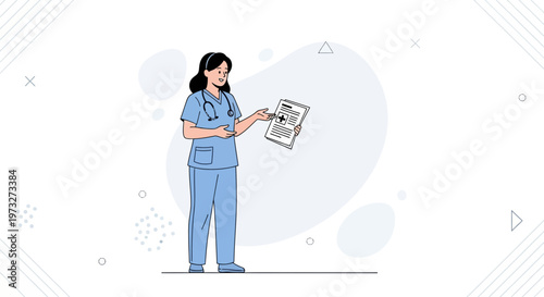 Nurse holding medical document, explaining results, vector illustration