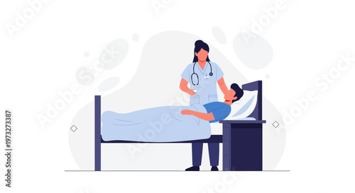 Nurse caring for patient in hospital bed, medical care illustration