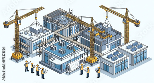 Isometric construction site with tower cranes and workers.