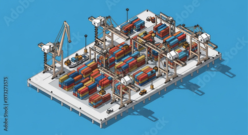 Isometric Container Port Terminal With Cranes And Containers.