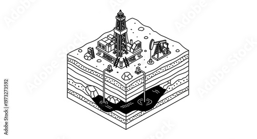 Isometric Cross Section Lighthouse Tower On Island Diorama.