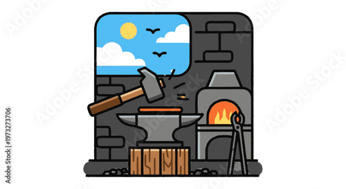 Anvil with hammer on wooden block.