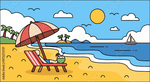 Beach chair with red umbrella.