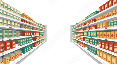 A wide perspective view of a brightly lit supermarket aisle featuring long rows of shelves stocked with various colorful canned goods and boxed products.