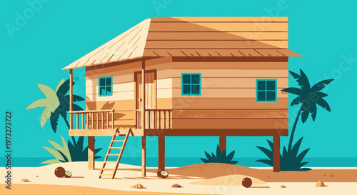 Beach hut on stilts with stairs.