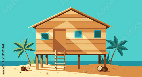 Beach hut on sandy shore.