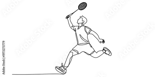 Continuous single line drawing of a badminton player hitting a shuttlecock during a intense game