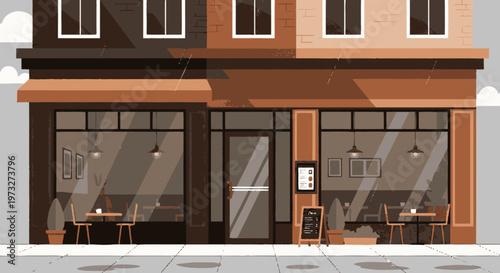 Brown cafe storefront with large windows.