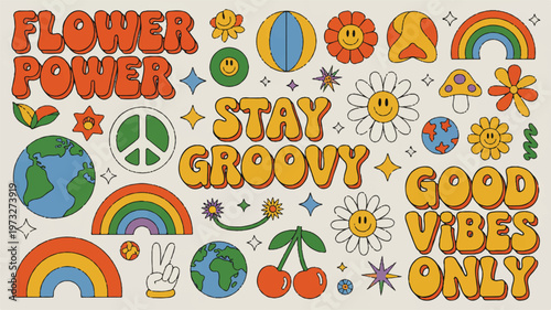 A vibrant cartoon party scene with flowers, rainbows, and peace signs in a groovy setting featuring smiling faces and good vibes only indoors.