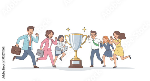 Business people running to trophy goal.