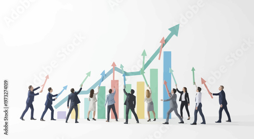 Business people pushing growth graph upward.